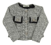 Bílo-černý melírovaný pletený crop kabátek s vreckami