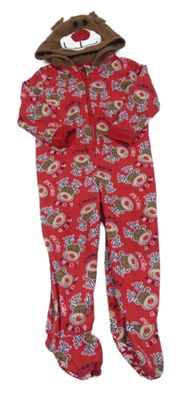 Červeno-hnědá fleecová kombinéza se soby a kapucí George