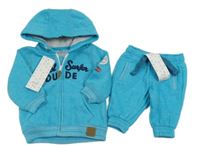 Nové - 2Set - Tyrkysová melírovaná propínací teplá mikina s nápisy a kapucí + tepláky F&F