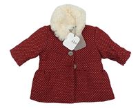 Nové - Vínový puntíkatý zateplený kabát s kožešinou Absorba