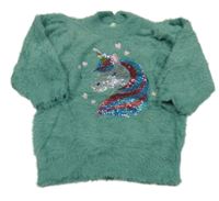 Tmavozelený chlpatý sveter s jednorožcem z flitrů Sinsay