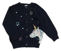 Tmavomodrý chlupatý propínací svetr s jednorožcem F&F