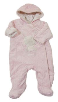 Svetloružová zamatová zateplená kombinéza so zajačikom a kapucňou Mothercare