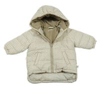 Béžovo-bílá kostkovaná šusťáková zimní bunda s kapucí Benetton