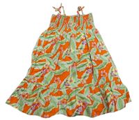 Tmavooranžovo-svetlozelené plátenné letné šaty s lístečky a kvietkami H&M