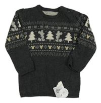 Nové - tmavosivý melírovaný sveter s Mickey a stromčekmi  a vzorom George