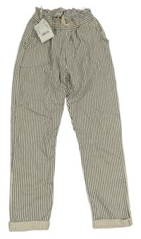 Nové - smetanovo-tmavomodré pruhované paper bag kalhoty s volánky C&A