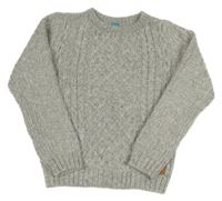 Šedo-bílý melírovaný vzorovaný žebrovaný pletený svetr s nášivkou little kids