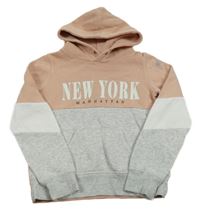 Pudrovo-sivo-biela melírovaná mikina s nápismi a vreckom a kapucňou H&M