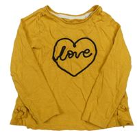 Hořčicové melírované triko se srdíčkem s nápisem a mašličkami Tu