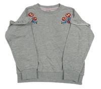 Sivá melírovaná oversize mikina s kvietkami a volánikmi dopodopo