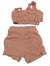 2Set - Pudrové mačkané paper bag kraťasy + asymetrický crop top s volánikom SHEIN