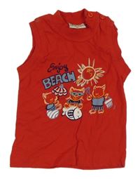 Červené tílko s kočičkami a nápisy a sluníčkem 