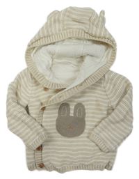 Béžovo-bílý pruhovaný propínací podšitý svetr se zajíčkem a kapucí s oušky Mothercare