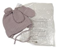 Nové - 2Set - Světlefialovošedá pletená zavazovací čepice s bambulí + rukavice H&M
