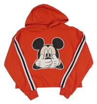 Červená crop mikina s Mickey a pruhy a kapucí PRIMARK