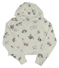 Biela ľahká crop mikina s nápisy s obrázkami a kapucňou H&M