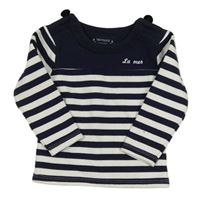 Tmavomodro-biela mikina s pruhmi a nápisom