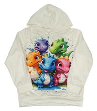 Biela mikina s dinosaurami a kapucňou