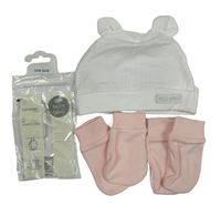 Nové - 3set - Bílá žebrovaná bavlněná čepice s oušky + 2x světlerůžové rukavičky