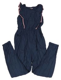 Tmavomodrý ľahký nohavicový overal s volánikmi alive
