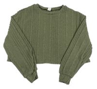 Khaki rebrovaný úpletový crop sveter Shein