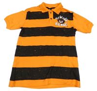 Neónově oranžovo-čierne pruhované polo tričko s príšerkou