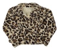 Béžovo-hnedý kožušinový podšitý kabát s leopardím vzorom