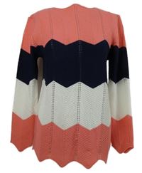 Dámský růžovo-tmavomodro-bílý vzorovaný ažurový svetr 