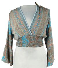 Nové - Dámská béžovo-modrá vzorovaná crop hedvábná halenka 