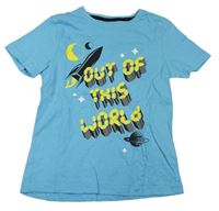 Modré tričko s nápisom a raketou Jeff&Co