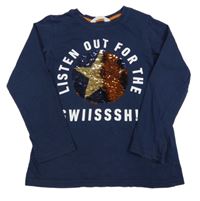Tmavomodré tričko s nápisom a překlápěcími flitre H&M