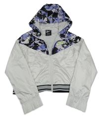 Čierno-biela šušťáková jarná crop bunda s kvietkami a kapucňou Nike