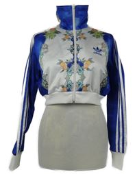 Dámská bílo-tmavomodrá propínací sportovní crop mikina se vzorem Adidas