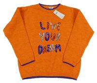 Nové - Oranžový svetr s nápisem z flitrů M&Co.