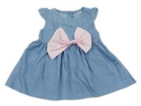 Modré šaty riflového vzhledu s ružovou mašlou