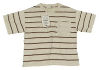 Nové - smetanovo-hnědé pruhované úpletové oversize tričko s kapsou ZARA