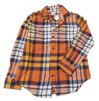 Nové - oranžovo-tmavomodro-biela kockovaná flanelová košeľa GAP