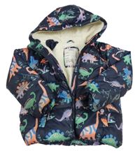 Tmavomodrá šusťáková zimní bunda s dinosaury a kapucí M&S
