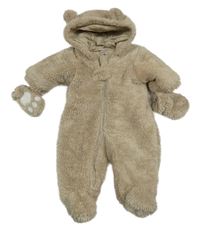 Béžová chlupatá zateplená kombinéza s kapucí + odepínací rukavice Next 