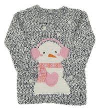 Tmavomodro-bílý melírovaný chlupatý dlouhý svetr se sněhulákem Tu