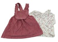 2set - Růžové manšestrové šaty + bílé triko s kytičkami Matalan