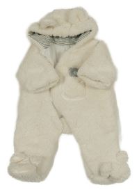Smetanová chlupatá zateplená kombinéza s medvídkem a kapucí 