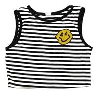 Bielo-čierny pruhovaný rebrovaný crop top so smajlíkom Shein