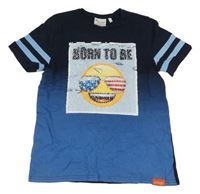 Tmavomodro-modré ombré tričko se smajlíkem z překlápěcích flitrů Emoji 