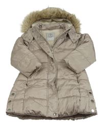 Světlebéžový prošívaný šusťákový zimní kabát s kapucí s kožešinou George