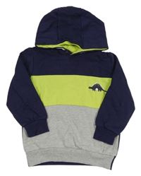 Tmavomodro-limetkovo-sivá mikina s dinosaurom a kapucňou Kiki&Koko