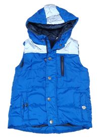 Cobaltově modro-stříbrná prošívaná šusťáková zateplená vesta s kapucí lupilu