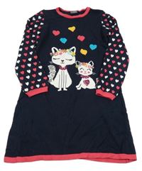 Tmavomodro-jahodové pletené šaty s kočičkami a flitry a srdíčky LC WaIKIKI