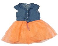 Modro-neonově korálové riflovo/tylové šaty s volánky a puntíky BABY